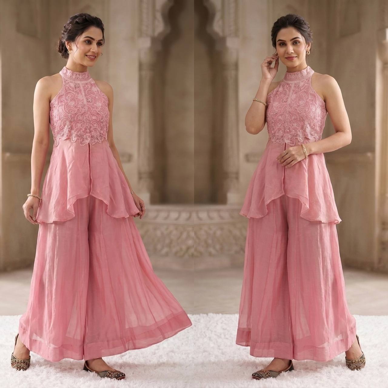 Elegant Blush Pink Peplum Kurti and Flared Palazzo Set Embellished with Delicate Resham Embroidery and Mirror Work